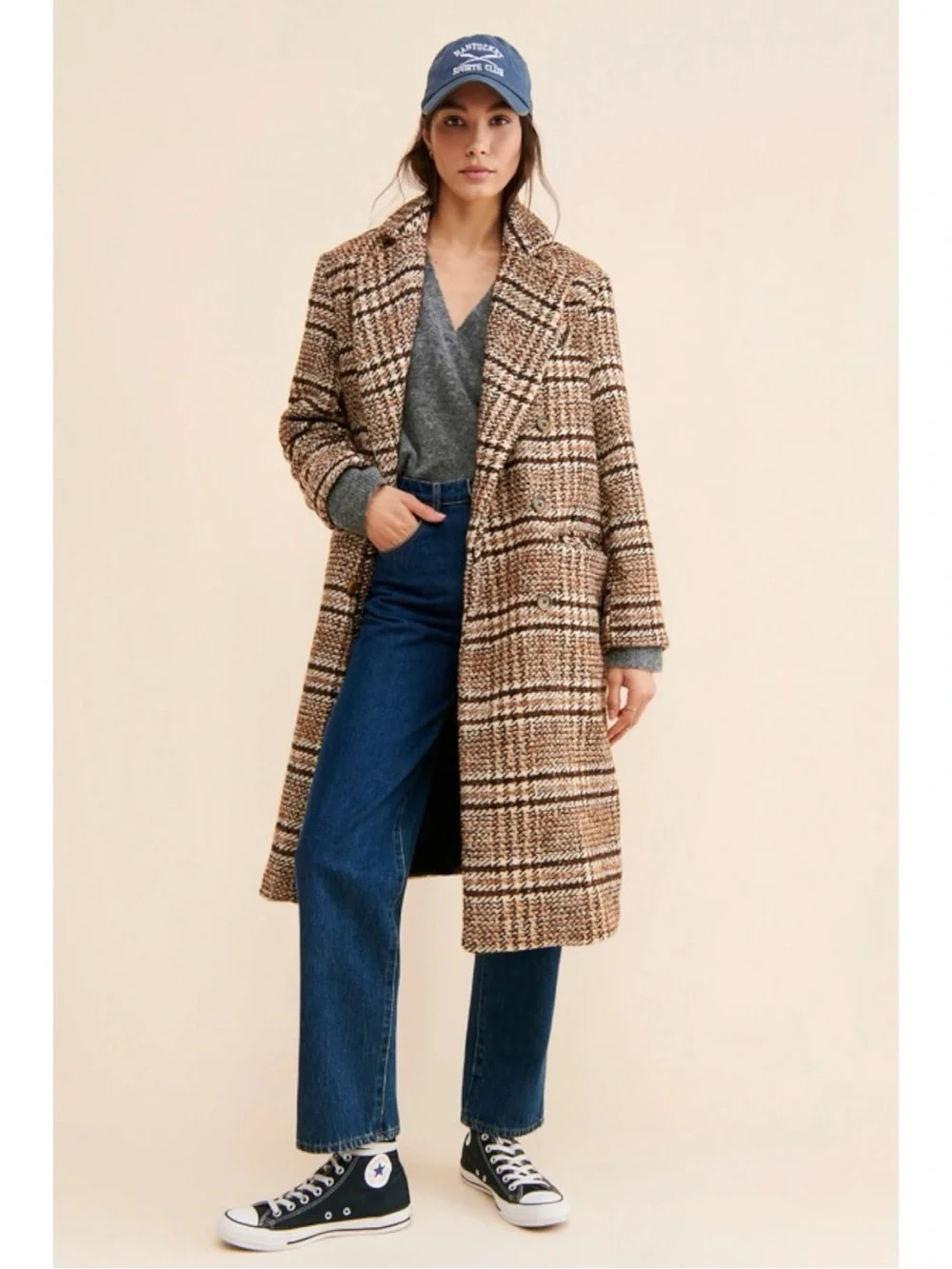Free People Grunge Preppy Adore You Plaid Longline Wool Coat Brown Medium